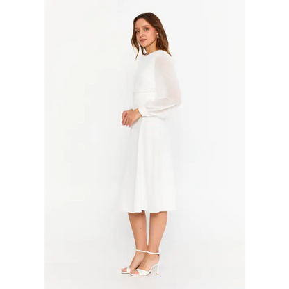 Ivory Viscose Midi Dress – Clean Long Sleeve Classic - Casual Dress