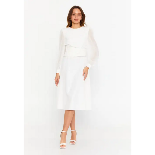 Ivory Viscose Midi Dress – Clean Long Sleeve Classic - White / 36 - Casual Dress