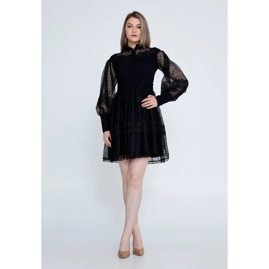 Lace Detail Mini Dress with Long Sleeves - Black / 36 - Casual Dress