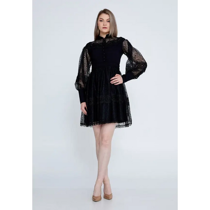 Lace Detail Mini Dress with Long Sleeves - Black / 36 - Casual Dress