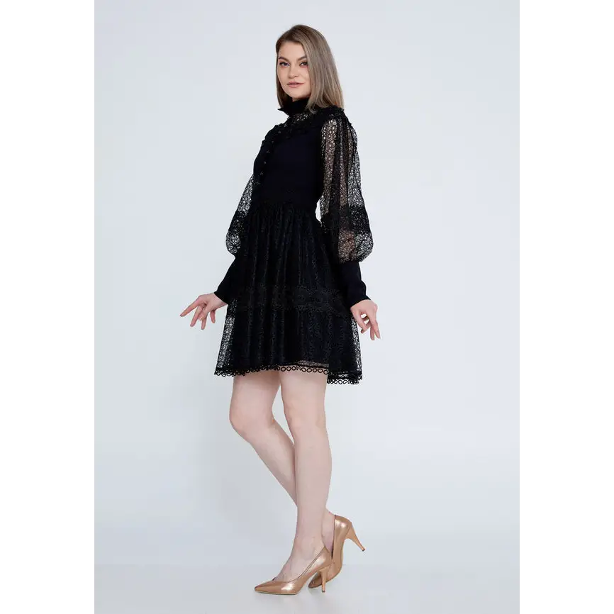 Lace Detail Mini Dress with Long Sleeves - Casual Dress