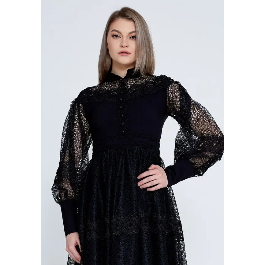 Lace Detail Mini Dress with Long Sleeves - Casual Dress
