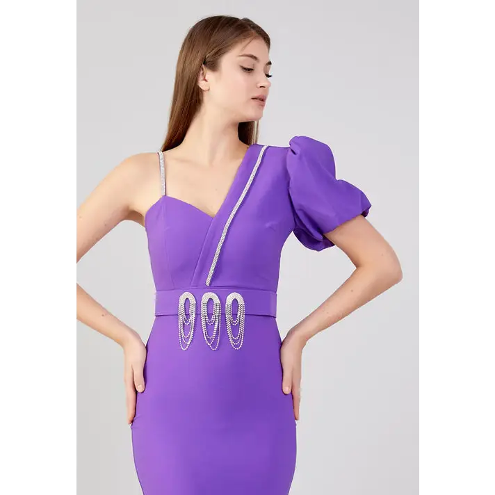 Lilac Crepe Midi Dress – Soft Short Sleeve Party Style - Evening Dress
