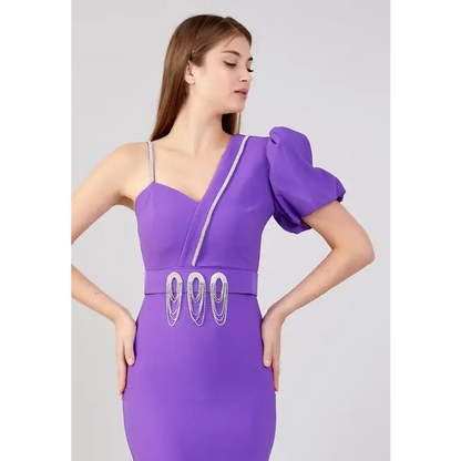 Lilac Crepe Midi Dress – Soft Short Sleeve Party Style - Evening Dress
