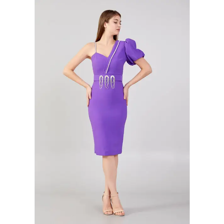 Lilac Crepe Midi Dress – Soft Short Sleeve Party Style - Purple / 36 - Evening Dress
