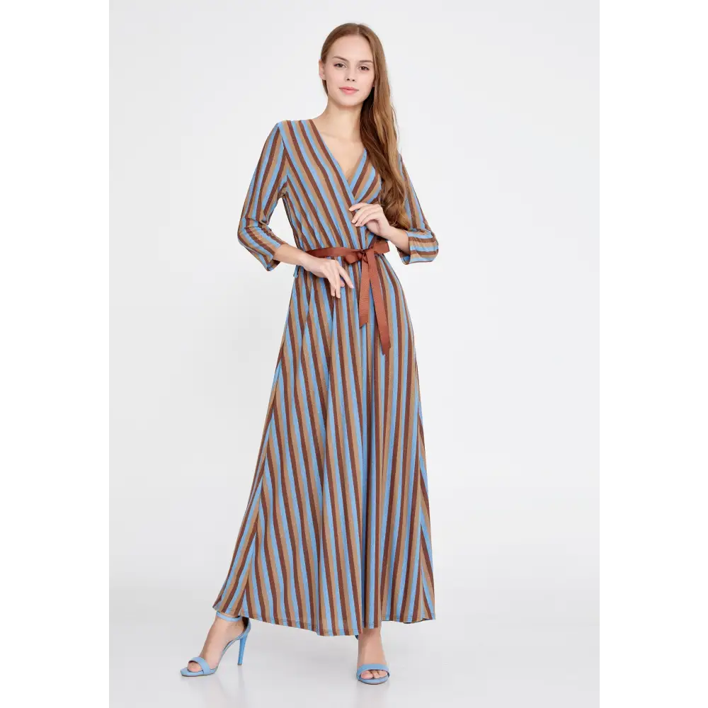 Lycra Maxi Dress with Belt – Everyday Long Sleeve Fit - Blue-Brown / 36 - Casual Dress