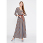 Lycra Maxi Dress with Belt – Everyday Long Sleeve Fit - Blue-Brown / 36 - Casual Dress