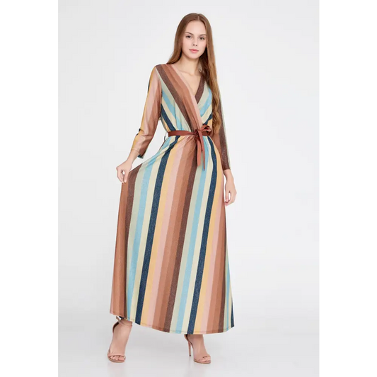 Lycra Maxi Dress with Belt – Everyday Long Sleeve Fit - Mint-Brown / 36 - Casual Dress