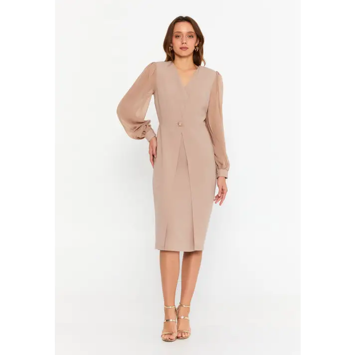 Nude Viscose Midi Dress – Long Sleeve Minimalist Fit - Casual Dress
