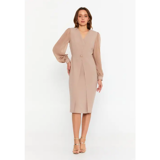 Nude Viscose Midi Dress – Long Sleeve Minimalist Fit - Casual Dress