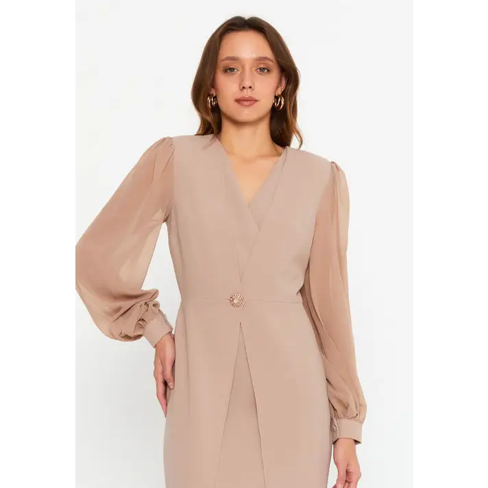 Nude Viscose Midi Dress – Long Sleeve Minimalist Fit - Casual Dress