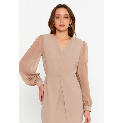 Nude Viscose Midi Dress – Long Sleeve Minimalist Fit - Casual Dress