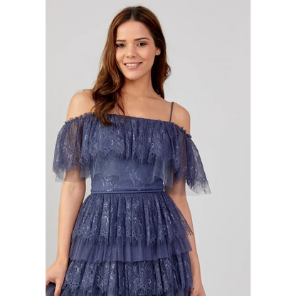 Off-Shoulder Navy Tulle Dress – Flirty Mini Cocktail Style - Cocktail Dress