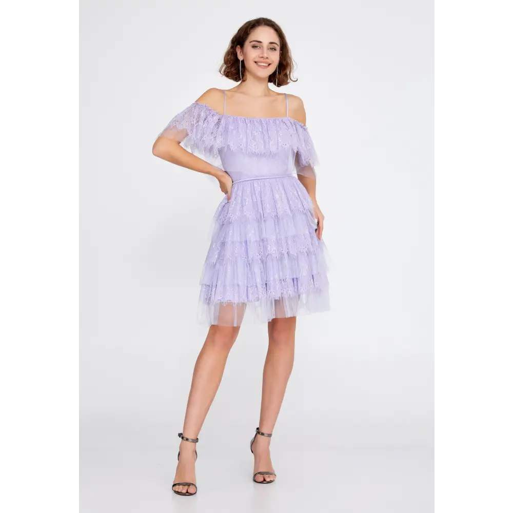Off-Shoulder Navy Tulle Dress – Flirty Mini Cocktail Style - Lilac / 38 - Cocktail Dress