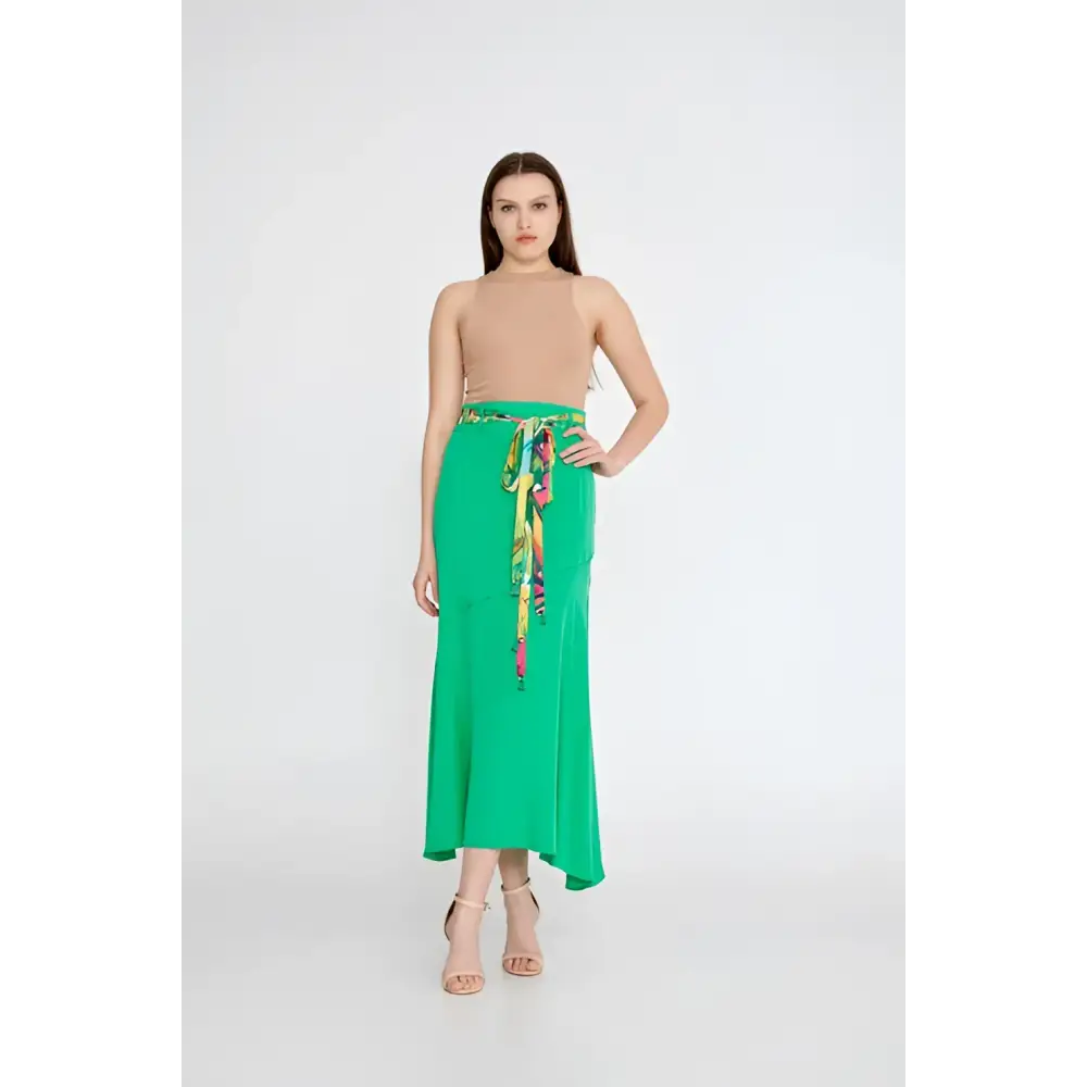 Pink/Green High-Waist Midi Skirt – Statement Solid Color Piece - Skirt