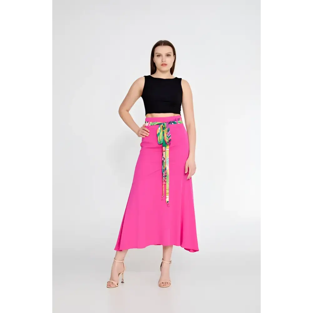 Pink/Green High-Waist Midi Skirt – Statement Solid Color Piece - Skirt
