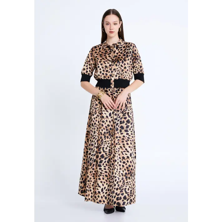 Powder Blue Satin Co-Ord Set – Short Sleeve Elegance - Camel-Black / 36 - Outfit Set