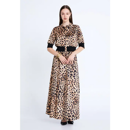 Powder Blue Satin Co-Ord Set – Short Sleeve Elegance - Camel-Black / 36 - Outfit Set