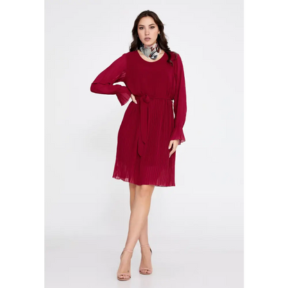 Red Chiffon Mini Dress – Flared Fit with Long Sleeves - 36 - Casual Dress