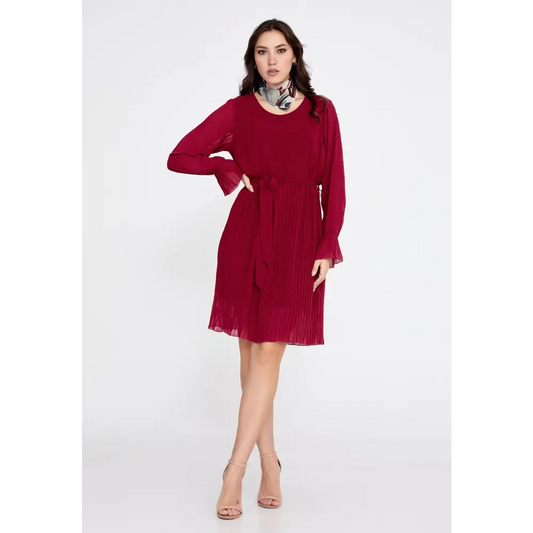 Red Chiffon Mini Dress – Flared Fit with Long Sleeves - 36 - Casual Dress