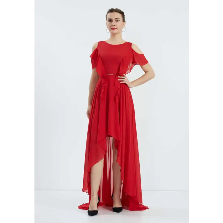 Red Chiffon Off-Shoulder Dress – High-Low Wedding Guest Style - Wedding Guest Dress