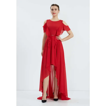 Red Chiffon Off-Shoulder Dress – High-Low Wedding Guest Style - Wedding Guest Dress