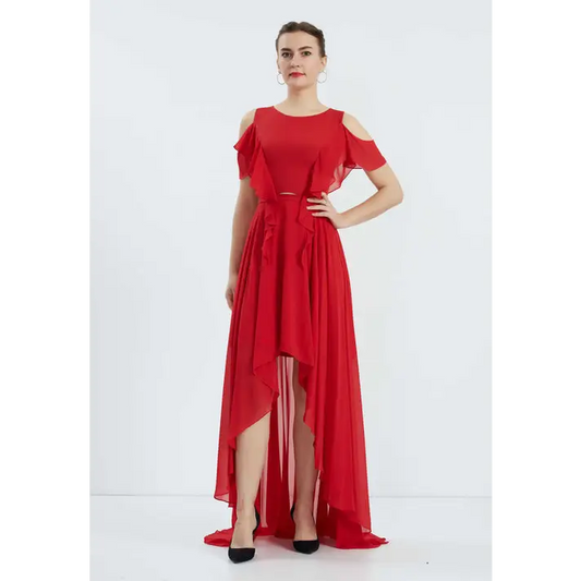 Red Chiffon Off-Shoulder Dress – High-Low Wedding Guest Style - Wedding Guest Dress