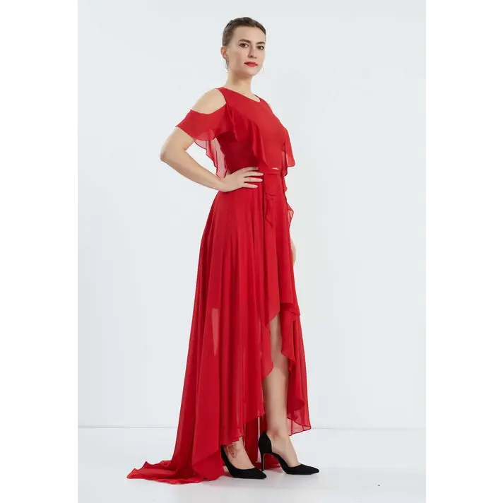 Red Chiffon Off-Shoulder Dress – High-Low Wedding Guest Style - Wedding Guest Dress