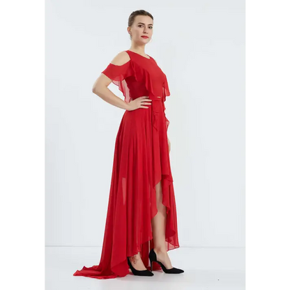 Red Chiffon Off-Shoulder Dress – High-Low Wedding Guest Style - Wedding Guest Dress