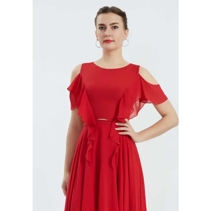 Red Chiffon Off-Shoulder Dress – High-Low Wedding Guest Style - Wedding Guest Dress