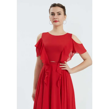 Red Chiffon Off-Shoulder Dress – High-Low Wedding Guest Style - Wedding Guest Dress