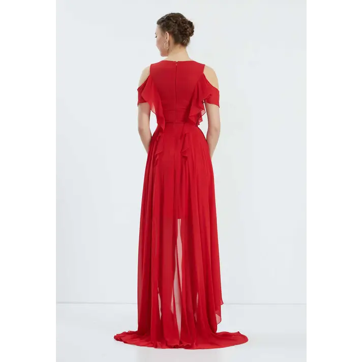 Red Chiffon Off-Shoulder Dress – High-Low Wedding Guest Style - Wedding Guest Dress