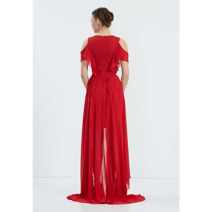 Red Chiffon Off-Shoulder Dress – High-Low Wedding Guest Style - Wedding Guest Dress