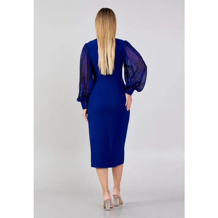 Royal Blue Plus Size Midi Dress – Elegant Long Sleeve Fit - Evening Dress