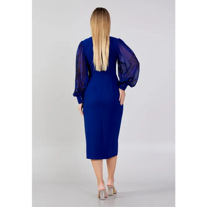 Royal Blue Plus Size Midi Dress – Elegant Long Sleeve Fit - Evening Dress