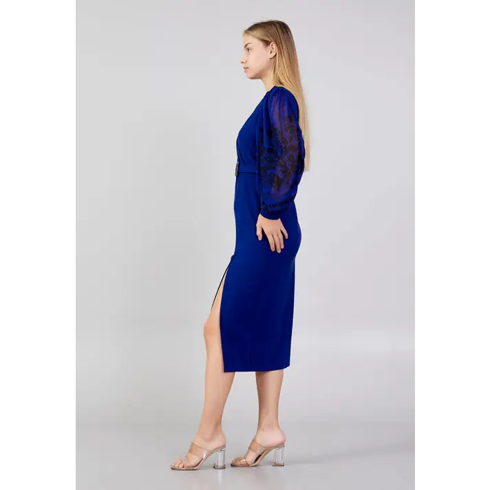 Royal Blue Plus Size Midi Dress – Elegant Long Sleeve Fit - Evening Dress