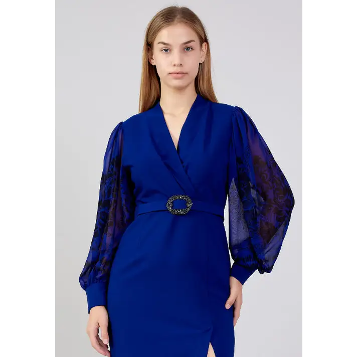 Royal Blue Plus Size Midi Dress – Elegant Long Sleeve Fit - Evening Dress
