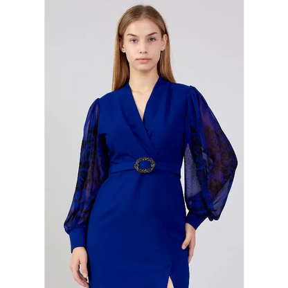 Royal Blue Plus Size Midi Dress – Elegant Long Sleeve Fit - Evening Dress