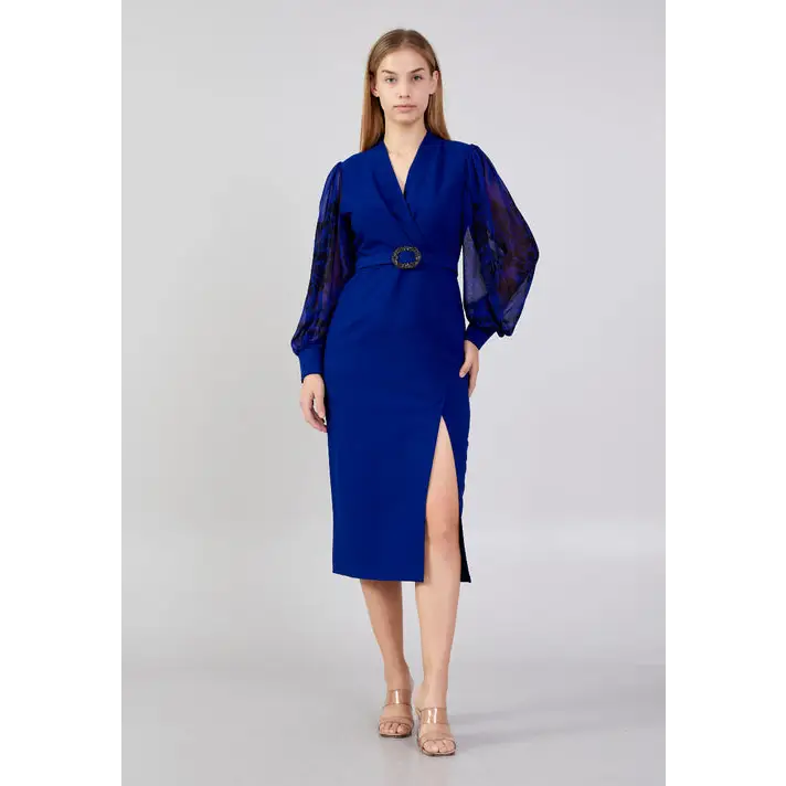 Royal Blue Plus Size Midi Dress – Elegant Long Sleeve Fit - Indigo / 42 - Evening Dress