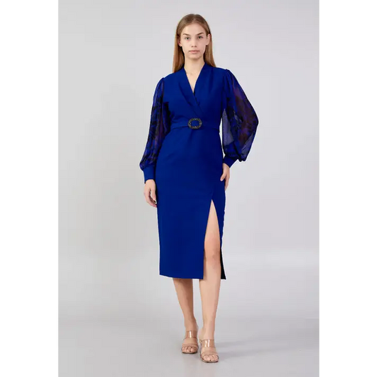 Royal Blue Plus Size Midi Dress – Elegant Long Sleeve Fit - Indigo / 42 - Evening Dress