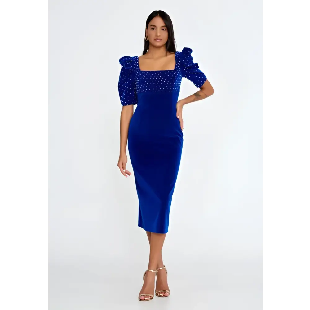 Royal Blue Velvet Midi Dress – Short Sleeve Elegance - Blue / 36 - Evening Dress