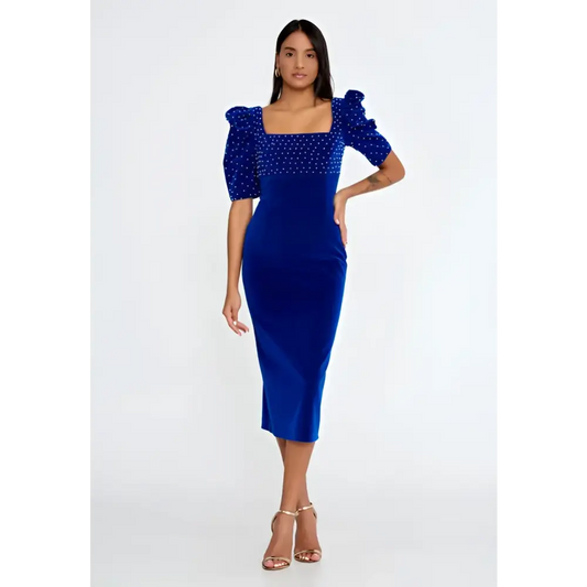 Royal Blue Velvet Midi Dress – Short Sleeve Elegance - Blue / 36 - Evening Dress