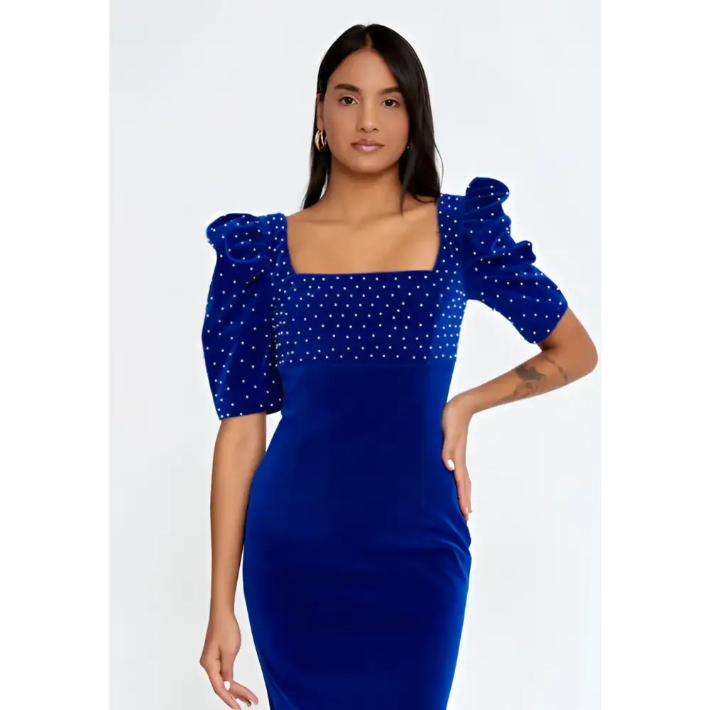 Royal Blue Velvet Midi Dress – Short Sleeve Elegance - Evening Dress