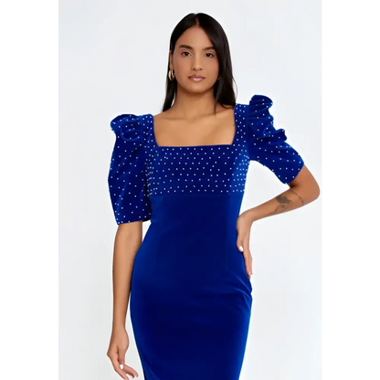 Royal Blue Velvet Midi Dress – Short Sleeve Elegance - Evening Dress