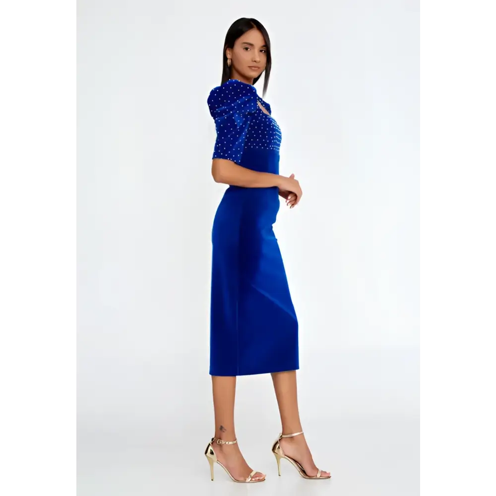 Royal Blue Velvet Midi Dress – Short Sleeve Elegance - Evening Dress
