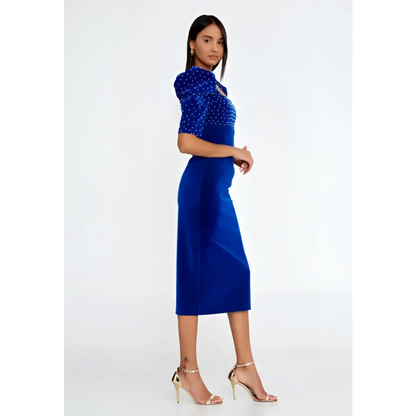 Royal Blue Velvet Midi Dress – Short Sleeve Elegance - Evening Dress