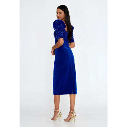 Royal Blue Velvet Midi Dress – Short Sleeve Elegance - Evening Dress