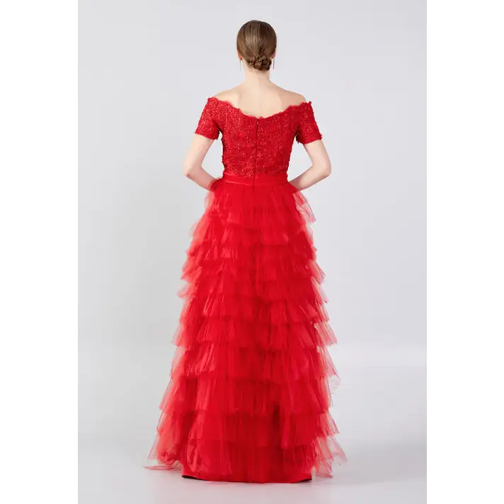 Scarlet Tulle A-Line Dress – Dramatic Off-Shoulder Prom Look - Prom Dress