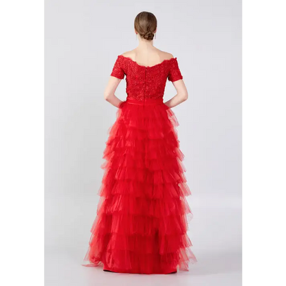 Scarlet Tulle A-Line Dress – Dramatic Off-Shoulder Prom Look - Prom Dress