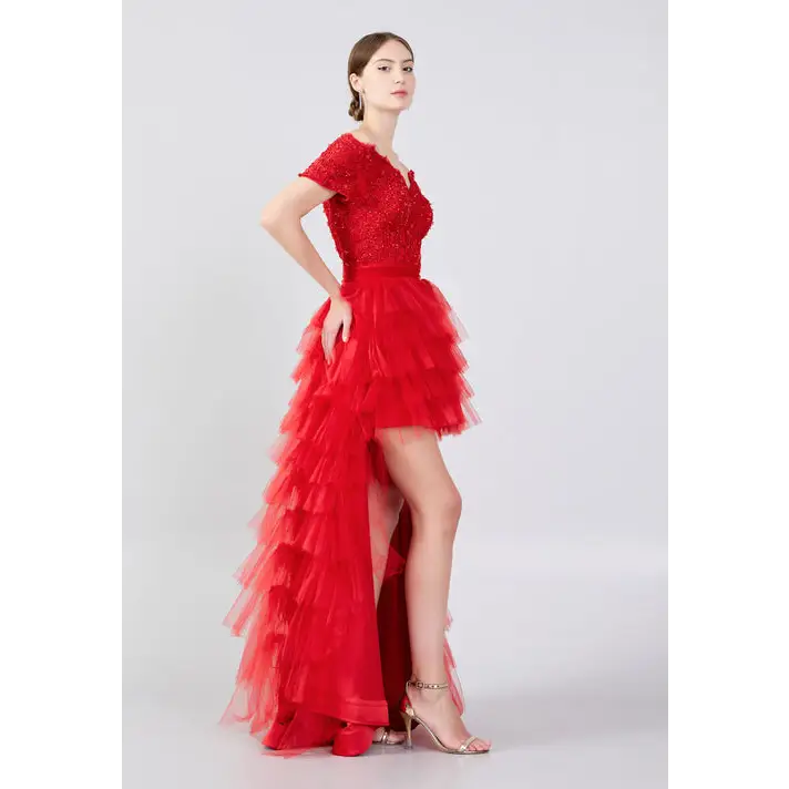 Scarlet Tulle A-Line Dress – Dramatic Off-Shoulder Prom Look - Prom Dress